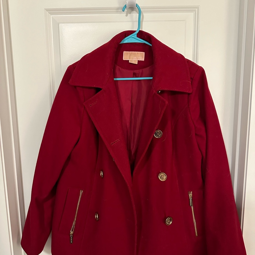Michael Kors Coat Women size 14 Red Double-Breasted Wool Peacoat Glam Statement